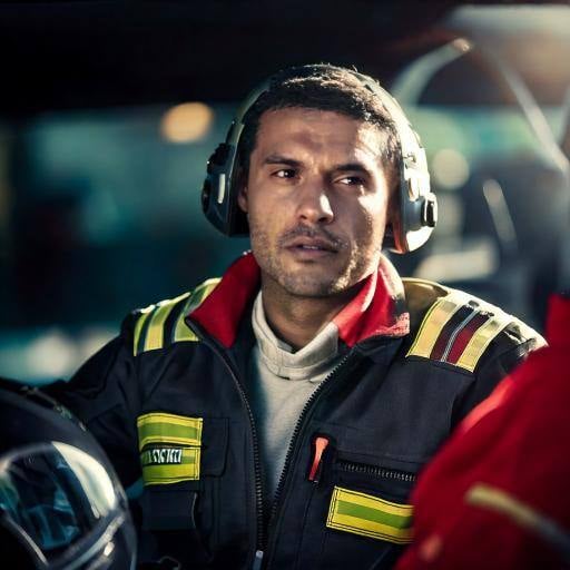 Firefly white male racing team leader with neutral face in race pit crew jacket talking with Formula Firefly white male racing team leader with neutral face in race pit crew jacket talking with Formula